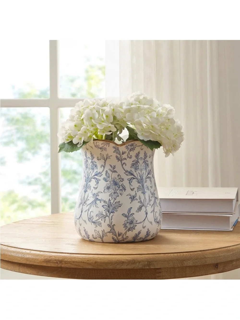 6”Ceramic Vase White/Blue Floral Scallop Trim - My Texas House